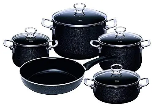 Produktbild: Riess 0558-009, Emailieset Black Magic, 5-teilig, bestehend aus: Fleischtopf mit GD Ø 16, 20, 24 cm, Kasserolle mit GD Ø 20 cm, Email Pfanne Ø 28 cm, extra stark