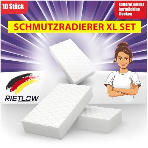 Produktbild: Rietlow® Schmutzradierer 10er Set – Zauberschwamm mit zweifacher Dichte – Radierschwamm für weiße Wände, Tapeten, Schuhe und Böden – Magic Eraser Sponge – Melamin Reinigungsschwamm & Wandradierer