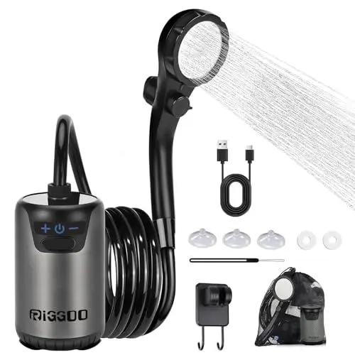 Produktbild: riggoo Campingdusche Tragbare, 8000mAh Camping Dusche Akku mit Pumpe und Temperaturanzeige, Outdoor Mobile Duschen mit Duschkopf und 2M Schlauch für Garten, Strand,Haustier,Autowaschen,Reisen
