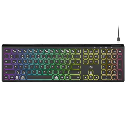 Produktbild: Rii Bluetooth Tastatur Kabellos, Gaming Tastatur Bluetooth mit QWERTZ, Tastatur Gaming Keyboard mit Halterung, Kabellose Tastatur Beleuchtet für PC/Tablet