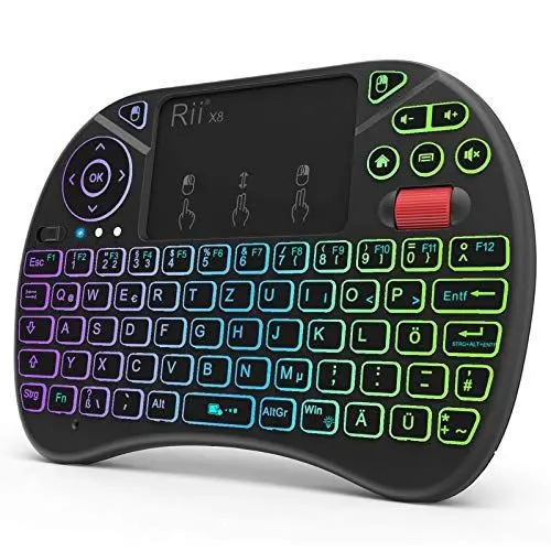 Produktbild: Rii Mini Tastatur mit Touchpad, Smart TV Tastatur, 2,4 GHz Kabellos Tastatur mit 8 Farbige Hintergrundbeleuchtung und Scrollrad (Deutsches, Schwarz