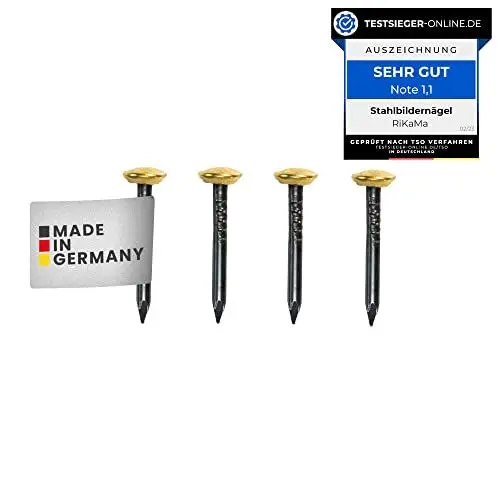Produktbild: RIKAMA® – 20 Bildernägel mit 30 mm Länge – Stahlnägel mit 6 mm Messingkopf für den Einsatz auf Beton, Ziegelstein, Putz & Holz – Nägel aus gehärtetem Stahl als Bilder Aufhängung – Made in Germany