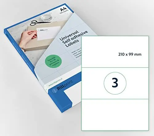 Produktbild: Rillprint Vielzweck Etiketten Selbstklebend – 300 Stück – 210 x 99 mm - 3 Klebeetiketten pro A4-Blatt - Bedruckbar & Abziehbar - Universal Adressaufkleber - 100 Blatt, Weiß
