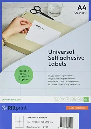 Produktbild: Rillprint Vielzweck Etiketten Selbstklebend - 400 Stück – 105 x 148 mm - 4 Klebeetiketten pro A4-Blatt - Bedruckbar & Abziehbar - Universal Adressaufkleber - 100 Blatt, Weiß