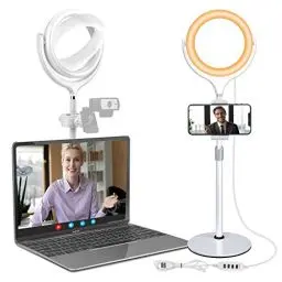 Produktbild: Ringlicht Laptop Videokonferenz Licht, Tisch Ring Light mit Stativ und Handyhalter für Handy & Webcam, LED Lichtring Selfie Ringleuchte für Live, Zoom, Meeting, Streaming, YouTube, TikTok