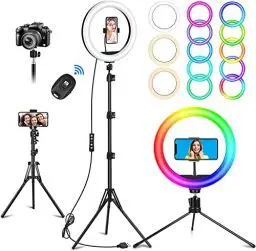 Produktbild: Ringlicht mit 63 Zoll Stativ Handy, 10.2 Zoll Ringleuchte, für die Kamera Dimmbare LED Tischringlicht 32 RGB-Modi Ring Light mit Handystativhalter für Selfie YouTube TikTok Makeup Fotografie
