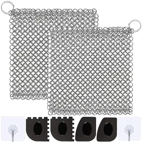 Produktbild: Ringreiniger Dutch Oven, Gusseisen Reiniger, Grill Bürste Reinigungsset, 316 Edelstahl Kettenschrubber, Topfreiniger mit Schaber, BBQ Dutch Oven Zubehör für Gusseisen Pfannen, Töpfe, Grillpfannen,Woks