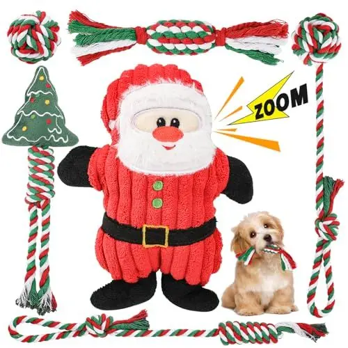 Produktbild: RIO Direct Hundespielzeug Weihnachten Geschenke kleine Hunde, 6 Stück Quietschendes Plüsch Hundeseil, Welpenspielzeug Kleine Welpen Waschbares Natürlicher Baumwolle und Ungiftig(Modell Weihnachtsmann)