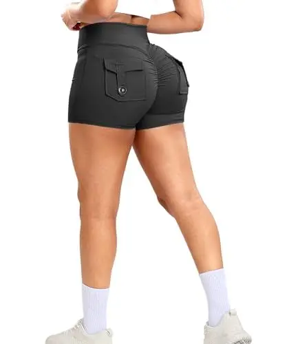 Produktbild: RIOJOY Damen Gym Shorts Booty Scrunch Sport Shorts V Cross Waist Kurze Leggings Hose mit Tasche Schwarz M