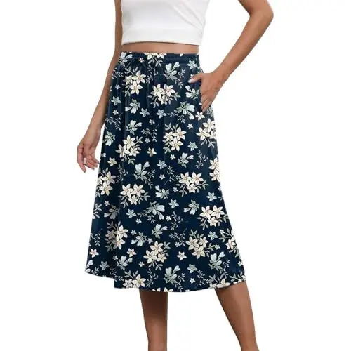 Produktbild: riou Mit Druckknöpfen Boho-Röcke für Damen, trendige, fließende Midiröcke mit Blumenmuster für den, mit Taschen, leichte Röcke mit Kordelzug und hoher Taille Wintermantel (Green, XXL)