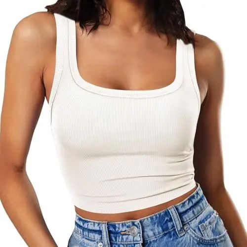 Produktbild: RIROW Damen Ärmelloses Tank Top Slim Fit Quadrat-Ausschnitt Geripptes Basic Oberteil M Weiß