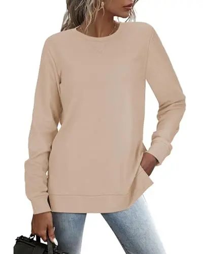 Produktbild: RIROW Damen Pullover Lässig Langarmshirt Elegant Herbst Winter Rundhals Sweatshirt Langarm Shirts Loose Slit Hem Oberteile Aprikose XL