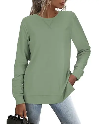 Produktbild: RIROW Damen Pullover Lässig Langarmshirt Elegant Herbst Winter Rundhals Sweatshirt Langarm Shirts Loose Slit Hem Oberteile Bohnengrün XXL