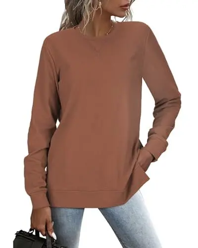 Produktbild: RIROW Damen Pullover Lässig Langarmshirt Elegant Herbst Winter Rundhals Sweatshirt Langarm Shirts Loose Slit Hem Oberteile Braun L