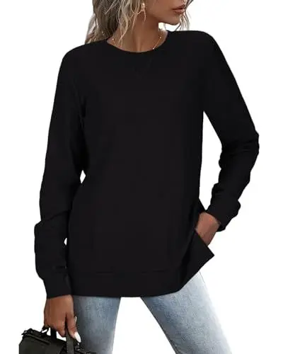 Produktbild: RIROW Damen Pullover Lässig Langarmshirt Elegant Herbst Winter Rundhals Sweatshirt Langarm Shirts Loose Slit Hem Oberteile Schwarz XXL