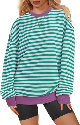 Produktbild: RIROW Damen Pullover Lässig Langarmshirt Elegant Herbst Winter Rundhals Sweatshirt Langarm Shirts Loose Streifen Oberteile Trauben-Kombination M