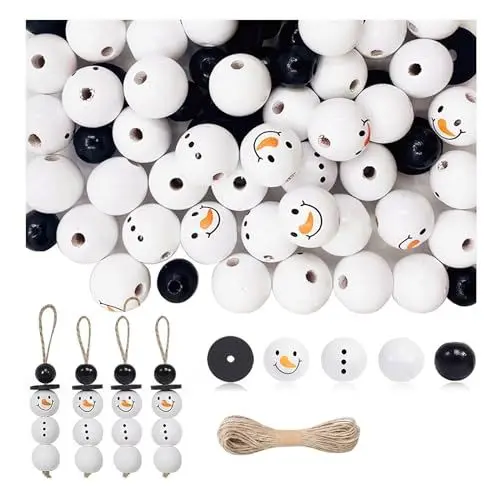 Produktbild: RISAKOGO 100er Schneemann Holzperlen für Weihnachten，20mm Holzperlen mit Gesicht für DIY-Basteleien Weihnachten, Halloween, Winter-Dekorationen (mit 10m Baumwoll-Wachs-Schnur)