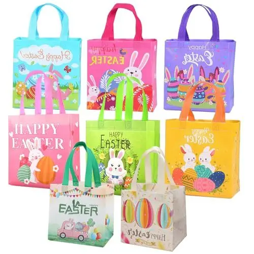 Produktbild: RISAKOGO Osterkörbchen Kinder 8er- Osterkorb mit Griffen Ostertüten zum Befüllen Non-Woven Ostertaschen für Kinder Geschenk Eiersuche Oster Dekoration