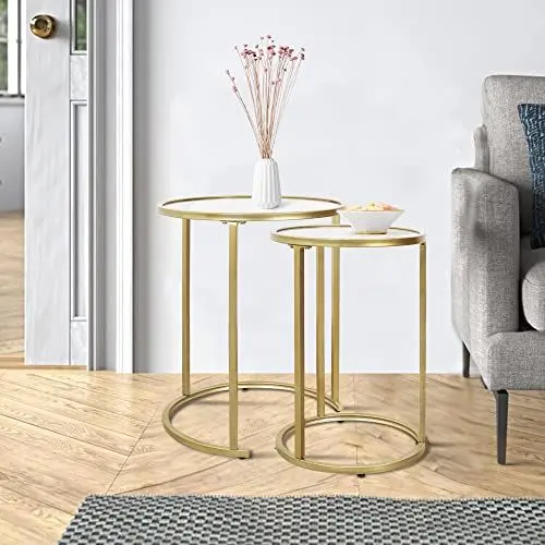 Produktbild: RiteSune Gold Beistelltisch-Set Rund, 2 Moderne Sofatische mit Metallbeinen, Glas Runden Couchtischen, Beistelltische fürs Wohnzimmer, Beistelltisch Outdoor, Side Table (49,5 x 59 cm & 37,5 x 54 cm)