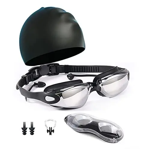 Produktbild: RiToEasysports Badekappen-Brillen-Set, Schwimmzubehör, UV-Schutz, Schwimmbrillen-Set, Plattierte Linse, Anti-Beschlag, Bequeme Badekappe
