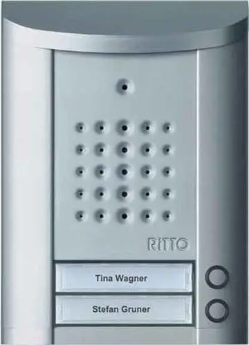 Produktbild: Schneider Electric Ritto Türstation, Entravox, Audio für 2-Familienhaus, Gegensprechanlage mit Beleuchtung und Klingeltasten, Aufputz, Außeneinheit, silber eloxiert, Artikelnummer 1840220