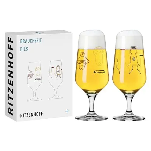 Produktbild: RITZENHOFF 3471007 Bierglas 300 ml - 2er Set - Serie Brauchzeit, Bierflasche und Flaschenöffner, mehrfarbig - Made in Germany