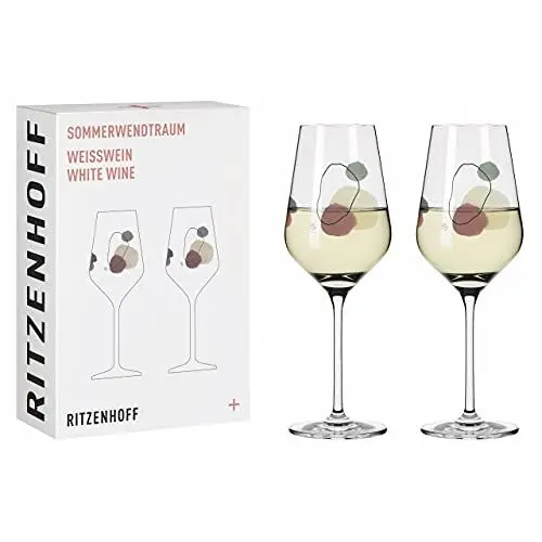 Produktbild: RITZENHOFF 3611002 Weißweinglas 300 ml – Serie Sommerwendtraum Set Nr. 2 – 2 Stück mit Aquarellkreisen – Made in Germany, Beige, Rot, Grau
