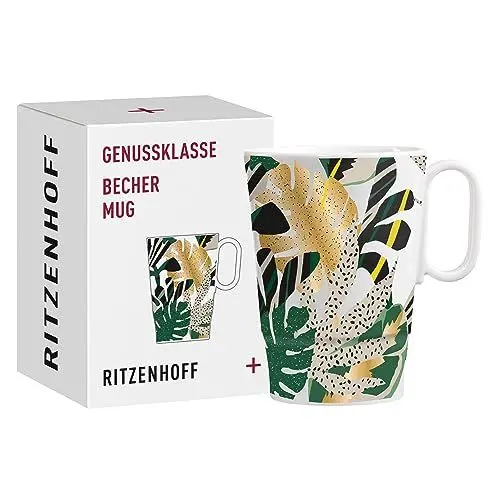 Produktbild: RITZENHOFF 3731007 Kaffee-Tasse 330 ml - Serie Genussklasse Nr. 7 - Becher aus Porzellan mit Tropen-Motiv, Designerstück
