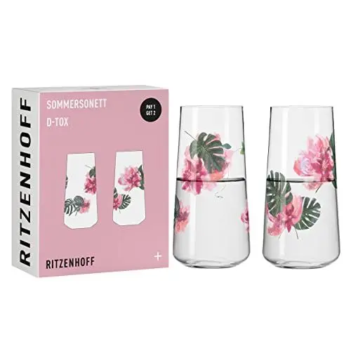 Produktbild: RITZENHOFF 6151001 Universalglas Set 500 ml - Serie Sommersonett - 2 Stück mit Blumenmotiv - Made in Germany, Rosa