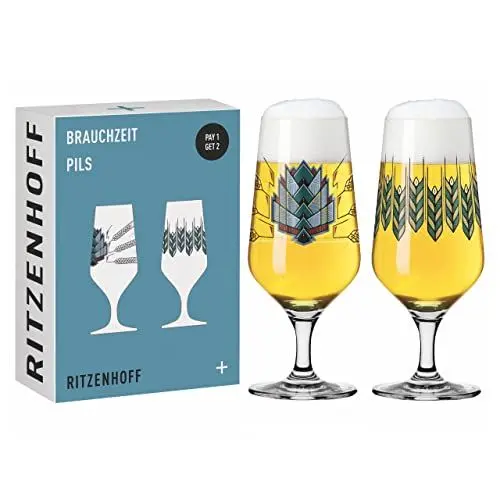Produktbild: RITZENHOFF 6201001 Bierglas 374 ml 2er Set Serie Brauchzeit mit Illustrationen, mehrfarbig Made in Germany