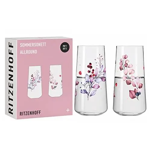 Produktbild: RITZENHOFF 6241001 Universalglas Set - Serie Sommersonett - 2 Stück mit Beerenmotiv - Made in Germany, Pink, Rot, Lila