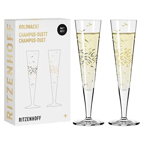 Produktbild: RITZENHOFF 6031003 Champagnerglas 200 ml – Serie Goldnacht Duett 2022 2x Designerstück mit Echt-Gold Made in Germany, Gold, Schwarz