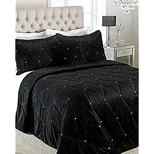 Produktbild: Riva Paoletti New Diamante Bedspread Set - Schwarz - Diamante Kristall Pailletten - Gesteppte Geometric Design - 2 X Kissen Shams Inklusive - 100% Polyester - 220 X 240 Cm (87