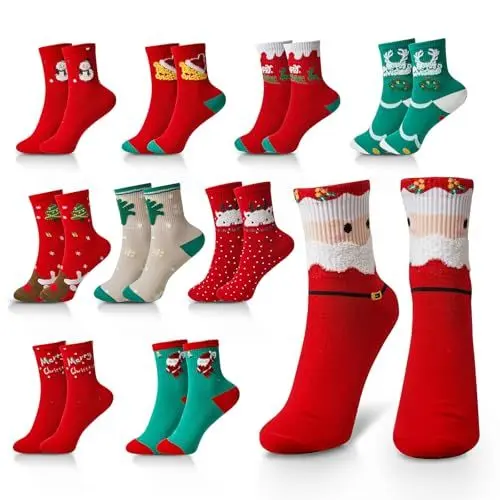 Produktbild: Riwer 10 Paar Unisex Weihnachtssocken Weihnachten Socken Baumwolle Funny Christmas Socks Weihnachtsmotiv Bunt Lustige Socken für Damen und Herren