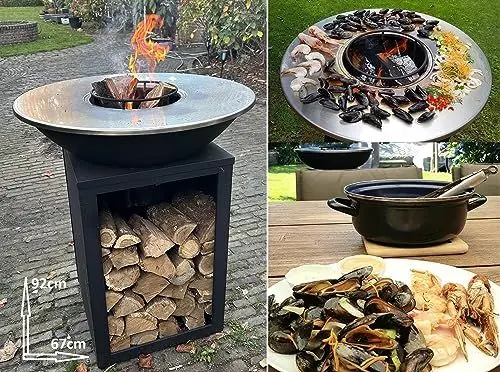 Produktbild: RJRoyal Living Plancha Grill Amigo Edelstahl Grillplatte BBQ Feuerschale Edelstahl mit Feuerplatte Outdoor Küche Grill Plancha Platte 67Øx 92cm Grillring