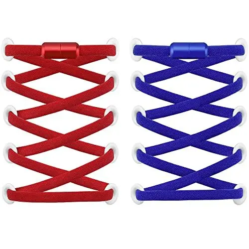 Produktbild: RJ-Sport (2 Paar Elastische Schnürsenkel mit Schnellverschluss - Schnellschnürsystem für Einzigartigen Komfort und Starken Halt - mit Metallkapseln ohne binden (Rot+Blau)