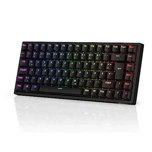 Produktbild: RK ROYAL KLUDGE RK84-DE 75% Gaming-Tastatur, 85 Tasten Kompakte Tastatur, Bluetooth Mechanische Tastatur, Blaue Schalter, RGB Hintergrundbeleuchtung, 2.4Ghz Gaming Tastatur für Mac & Windows, Schwarz
