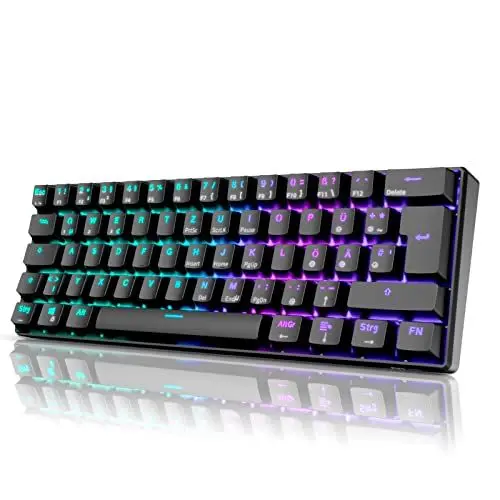 Produktbild: RK61 RGB Gaming-Tastatur, 2,4 GHz Wireless/Bluetooth/Wired 60% Mechanische Tastatur 61 Tasten, Hot-Swap-fähiger Roter Schalter mit RGB-Beleuchtung, Kompatibel für Win/Mac, Schwarz (QWERTZ)