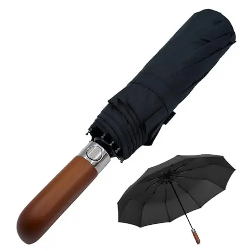 Produktbild: RLXMARTD Regenschirm mit Holzgriff, Schwarz, Groß, Windsicher (Schwarz)