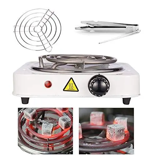 Produktbild: RMAN Shisha Kohleanzünder für Shisha Kohle Kokoskohle Elektrisch Kohlegrill 1000W Heizplatte Brenner mit 150cm Kabel Zangen Kohlegitter 5 Stufen Hitze Zange Shisha Zubehör Weiß