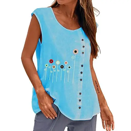 Produktbild: Rmellose Knopf Schlankmacher Hemdbluse Weiblich Swing U-Ausschnitt Sanft Modisches Blusen Blumendruck Summer Strand Blusen Weiblich