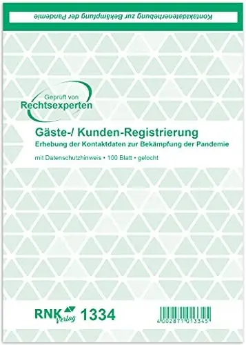 Produktbild: RNKVERLAG 1334 - Gäste-/ Kunden-Registrierung, Kontaktdatenerhebung zur Bekämpfung der Pandemie, Block, DIN A5, 100 Blatt, gelocht