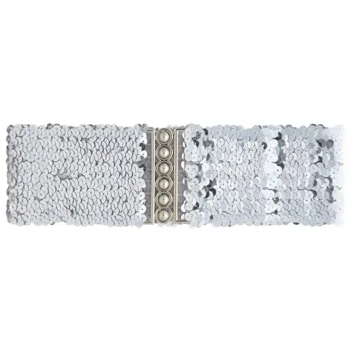 Produktbild: Ro Rox Pailletten-Stretchgürtel – glitzernder elastischer Taillengürtel für Kleider und Outfits, Silber, S–M