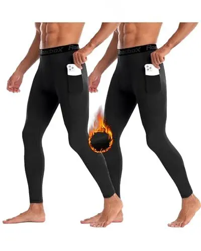 Produktbild: Roadbox Herren Thermounterwäsche Hose - Kompressionslanghosen Wärmende Thermohosen mit Innenfleece, Sportliche Funktionsunterwäsche für Outdoor-Sport, Laufleggings mit Taschen