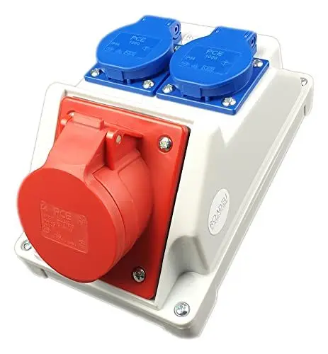 Produktbild: RoadEu Kombi Wandsteckdose 16A 5P mit 2x Schuko 230V. CEE + Doppelsteckdosen, Stromverteiler IP44