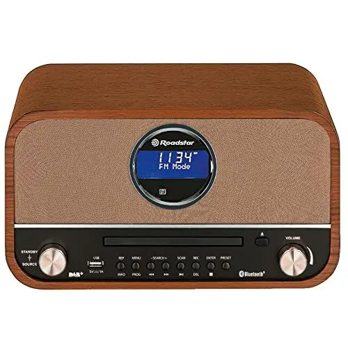 Produktbild: Roadstar DAB Nostalgie Retro-Radio mit Bluetooth und CD / MP3 Player im Holzgehäuse mit Weck-Funktion (USB, AUX-In, RDS), 15 Watt RMS, braun