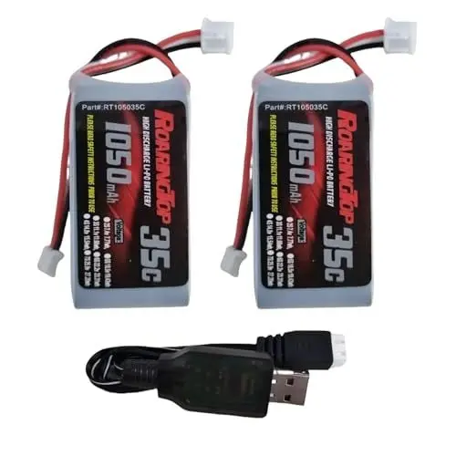 Produktbild: ROARINGTOP 7.4V Lipo Batterie 1050mah 2S 35C wiederaufladbare SCX24 Lipo Batterien mit PH2.0 Stecker mit USB Ladegerät Kompatibel mit den meisten 1/16, 1/18, 1/24 Skala RC Autos LKW