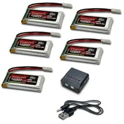 Produktbild: RoaringTop 1S 420mah 3,7V 25C Lipo-Batterie mit Molex Plus mit 5-in-1-Ladegerät für Quadcopter Hubschrauber Drohne Quadcopter und RC Shark Boote, RC Elektrische Hai Dinosaurier