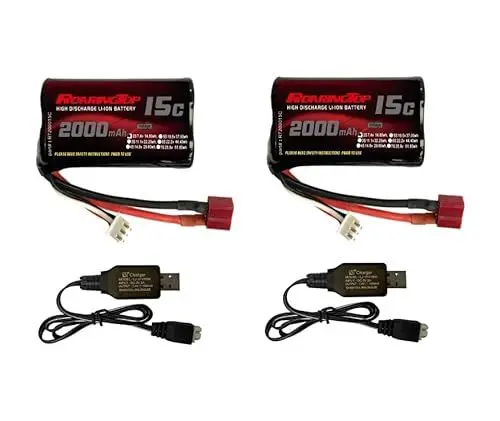 Produktbild: RoaringTop 7,4 V Li-Ion-Akku 2000 mAh 2S wiederaufladbar mit Deans T Plug Ausgestattet mit 2 USB Ladekabel für WLtoys 4WD High Speed RC Auto und die meisten RC Autos Maßstab 1/10, 1/12, 1/16 LKW