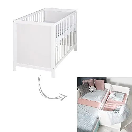 Produktbild: roba 2 in 1 Babybett 60 x 120 cm + Matratze - Gitter- & Beistellbett 6-fach Höhenverstellbar - 5 Schlupfsprossen - Holz weiß